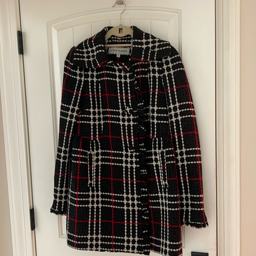 Stylish Steve Madden Black and Red Plaid Women's Coat
